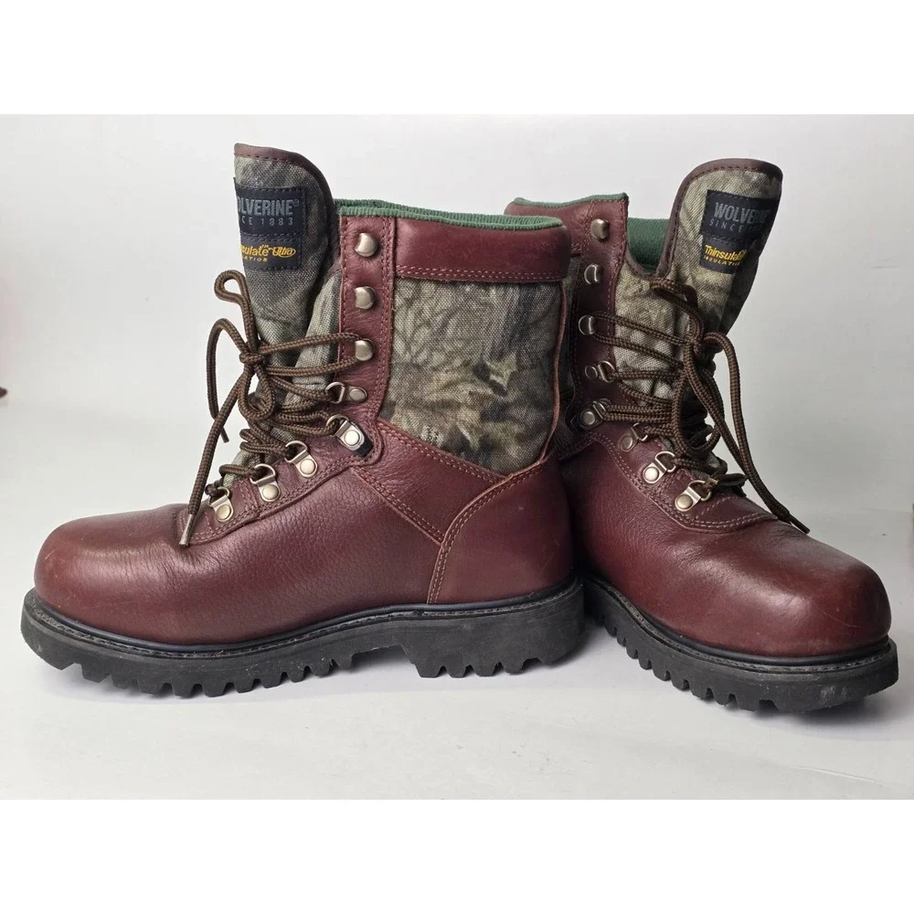 Wolverine Camo Men's Boots Size 7.5 Brown Leather Hunting Work‎ High Top Shoes